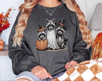 Boo Ghost Raccoon Sweatshirt, Halloween Raccoon Sweater, Skeleton Raccoon Halloween Crewneck, Retro Spooky Pumpkin Feral Crewneck