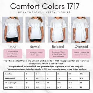 May include: A size chart for a unisex t-shirt made of 100% ring spun cotton. The chart shows the measurements in inches for sleeve length, full body length, and body width. The chart includes sizes S, M, L, XL, 2XL, and 3XL. The t-shirt is described as heavyweight and features a comfy unisex fit with a ribbed collar. It is pre-shrunk, soft washed, and garment-dyed to provide a soft and cozy feel.