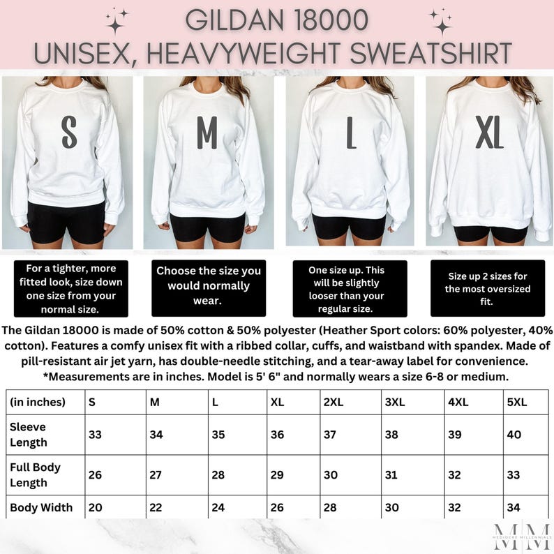 May include: White Gildan 18000 unisex heavyweight sweatshirt with the sizes S, M, L, and XL displayed. The image includes a size chart with measurements in inches for sleeve length, full body length, and body width. The text also mentions the sweatshirt's material and features.