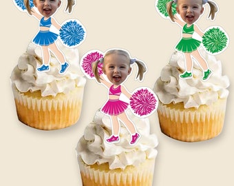 Custom Photo Cupcake Toppers Printable, Cheerleader Birthday Cupcake Toppers With Baby Face ,Birthday Gift for Girl/Woman Digital File