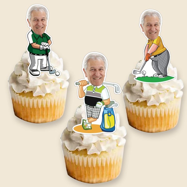 Benutzerdefinierte Foto Cupcake Toppers druckbare, Ruhestand Golf Geburtstag Gesicht Cupcake Toppers, Geburtstagsgeschenk für Männer / Vater