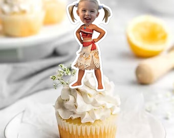 Custom Photo Cupcake Toppers Printable,Moana Princes Girl Birthday Cupcake Toppers With Baby Face ,Birthday Gift for Girl/Woman digital file