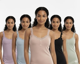 Geripptes Henley Nachthemd mit Spitzenbesatz, Vintage-inspiriertes Schlafkleid