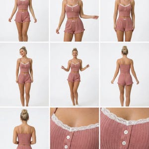 Kokette Pyjama-Set, gerippte Cami und Rüschen-Shorts, süße Spitzenbesatz Nachtwäsche für Frauen, weiches Loungewear Geschenk für Sie, Brautjungfer PJs Bild 5