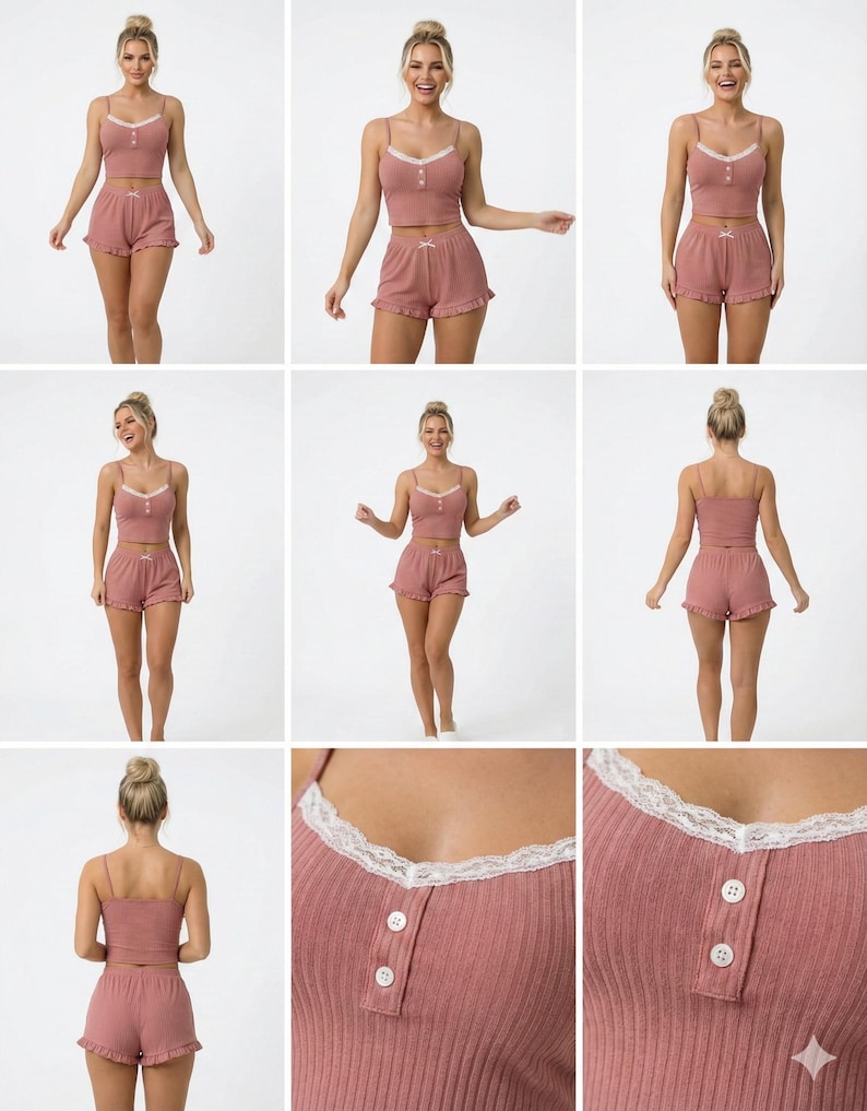 Kokette Pyjama-Set, gerippte Cami und Rüschen-Shorts, süße Spitzenbesatz Nachtwäsche für Frauen, weiches Loungewear Geschenk für Sie, Brautjungfer PJs Bild 5