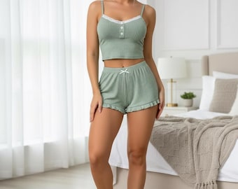 Coquette Pajama Set, Ribbed Cami and Ruffle Shorts, Cute Lace Trim Sleepwear for Women, Soft Loungewear Gift for Her, Bridesmaid PJs