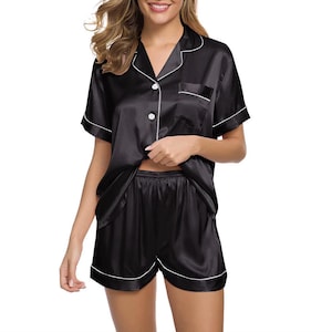 Satin Pajama Set: Women&#39;s Button-Down PJs with Piping