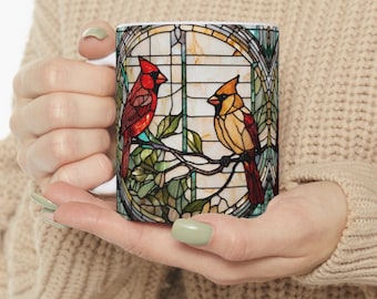 Stained Glass Cardinal Pair Mug | Bird Mug for Nature Lover | Remembrance Gift For Bird Lover Ceramic Coffee Mug 11oz