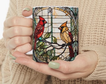 Stained Glass Cardinal Pair Coffee Mug - Nature Lover Gift