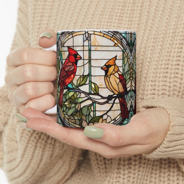 Stained Glass Cardinal Pair Mug | Bird Mug for Nature Lover | Remembrance Gift For Bird Lover Ceramic Coffee Mug 11oz