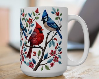 Cardinal Blue Jay 15 oz Spring Floral Ceramic Coffee Mug | Great Grandma Gift | Bird Lover Gift for Mom | Embroidered Look Art Cardinal Gift