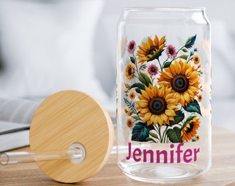 Personalized Glass Tumbler Sunflower Gift for Her | 16oz Clear Glass Tumbler Sipper | Glassware Mother's Day Gift for Mom | Tempered Glass