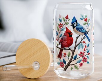 Glass Tumbler Cardinal & Blue Jay Gift for Mom | 16oz Clear Tempered Glass Tumbler Sipper Glass | Durable Glassware Mothers Day Gift for Her