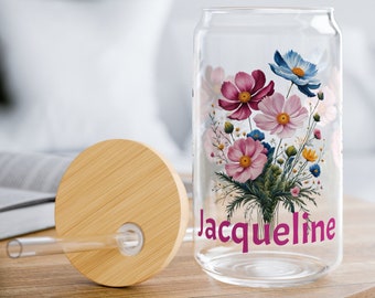 Personalized Glass Tumbler Pink Cosmos Birth Month Flower Gift for Mom | 16oz Clear Tempered Glass Tumbler Sipper Glass | Mothers Day Gift