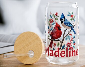Custom Glass Tumbler Cardinal & Blue Jay Gift for Mom | 16oz Clear Tempered Glass Tumbler Sipper Glass | Glassware Mothers Day Gift for Her
