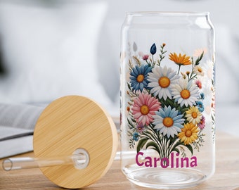 Personalized Glass Tumbler Spring Flower Gift for Mom | 16oz Durable Clear Tempered Glass Tumbler Sipper Glass Cup  Mothers Day Gift for Her