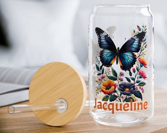 Personalized Glass Jar Tumbler Butterfly Gift for Her | 16oz Clear Tempered Glass Tumbler Sipper Glass | Glassware Mother's Day Gift for Mom