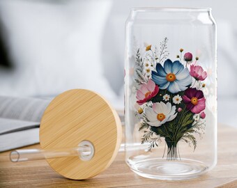 Glass Tumbler Cosmos Birth Month Flower Gift for Mom | 16oz Durable Clear Tempered Glass Tumbler Sipper Glass Cup | Mothers Day Gift for Her