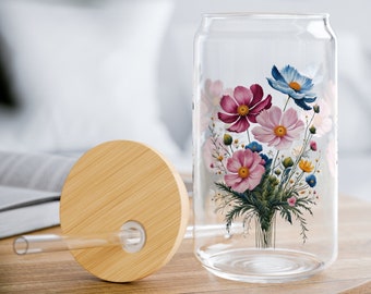 Glass Tumbler Pink Cosmos Birth Month Flower Gift for Mom | 16oz Durable Clear Tempered Glass Tumbler Sipper Glass | Mothers Day Gift