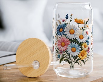 Glass Tumbler Spring Flower Bouquet Gift for Mom | 16oz Durable Clear Tempered Glass Tumbler Sipper Glass Cup | Mothers Day Gift for Her