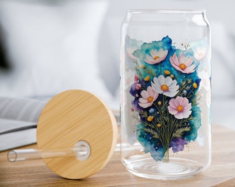 Glass Tumbler Cosmos Birth Month Flower Gift for Mom | 16oz Durable Clear Tempered Glass Tumbler Sipper Glass | Mothers Day Gift for Her