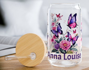 Custom Glass Jar Tumbler Butterfly Gift for Her | Clear Glass Tumbler Sipper Glass | Glassware Mother's Day Gift for Mom | Tempered Glass