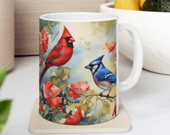 Blue Jay & Cardinal Mug | Watercolor Painting Garden Flowers Bird Mug | Original Art Ceramic Coffee Mug | Gift for Mom | Great Grandma Gift