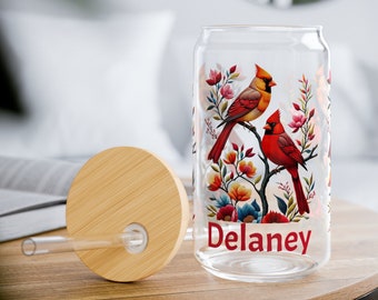 Custom Glass Tumbler Cardinal Pair Gift for Mom | 16oz Clear Tempered Glass Tumbler Sipper Glass | Glassware Mother's Day Gift for Her