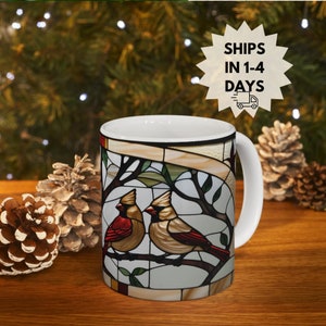 Stained Glass Cardinal Mug | Ceramic Coffee Mug 11oz | Look of Gold Foil Stain Glass Cardinal Gifts for Bird Lovers & Bird Watchers Mug
