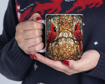 Stained Glass Cardinal Mug | Red Bird Mug | Birding Gift For Bird Watcher and Outdoor Nature Lovers Ceramic Coffee Mug 11oz