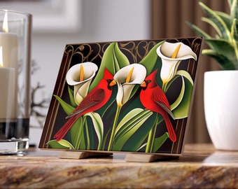 Cardinal Gift Art Deco Painting Ceramic Tile  | Bird Lover Gift | Vintage-Look Cardinal Decor Red Bird Print | Red Cardinal Remembrance Gift