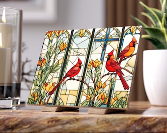 Cardinal Tile: Stained Glass Look, Three Red Birds, Memorial Gift