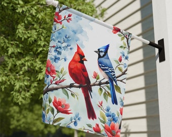 Blue Jay Cardinal Garden Flag | Outdoor Spring Flowers House Flag | Double-Sided Garden Decoration House Banner | Garden Gift for Mom