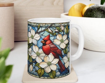 Cardinal Mug | Stained Glass White Dogwood Cardinal Bird Mug | Birding Gift For Bird Lovers Ceramic Coffee Mug 11oz