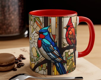 Four Calling Birds Mug Stained Glass Look Mug | Memorial Gift Coffee Mug For Bird Lover, Bird Watcher Ceramic Stain Glass Bird Coffee Mug