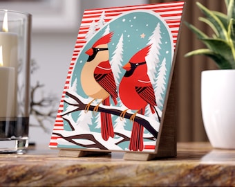 Retro Christmas Cardinal Decorative Ceramic Tile | Cardinal Pair Whimsical Christmas Decoration | Bird Watcher Gift | Bird Lover Gift