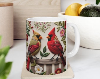 Cardinal Mug Rustic Embroidered Look | Garden Flowers Bird Mug | Cardinal Pair Art Ceramic Coffee Mug | Gift for Mom | Great Grandma Gift