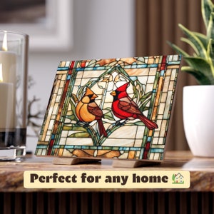 Cardinal Pair Stained Glass Decorative Ceramic Tile | Gift for Best Friend & Bird Lover