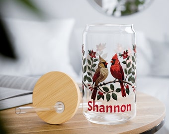 Glass Tumbler Cardinal Pair Gift for Mom | 16oz Clear Tempered Glass Tumbler | Embroidered Look Glassware Unique Mother's Day Gift for Her