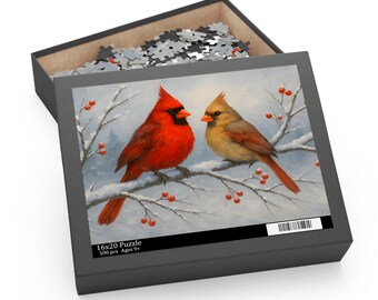 Cardinal Jigsaw Puzzle Gift for Mom | Winter Wildlife Art | Snow Birds | Cardinal Pair Puzzle | Great Grandma Gift