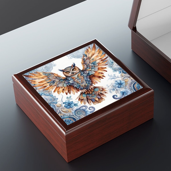 Boîte à bijoux hibou | Cadeau pour amoureux des oiseaux | Petite boîte à bijoux en bois | Boîte cachette décorative bleu hibou | Boîte cadeau fait main