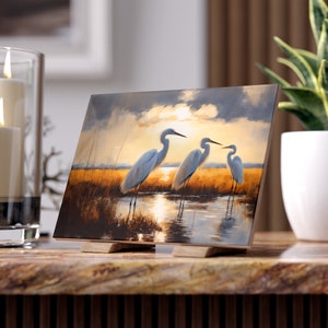 Three Snowy Egret Birds | Bird Painting Decorative Ceramic Tile | Coastal Wetlands Marsh Bird Art | Beach Decor