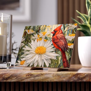 Bloem geboortemaand april | Kunstprint madeliefje kardinaal keramische tegels | Cadeau voor moeder | Aquarelkunsttegel | Bloemenkunst cadeau voor oma