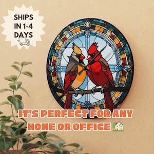 Stained Glass Cardinal Pair Acrylic Wall Clock - Round or Square