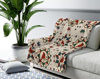 Cardinal Quilt Design Nordic Circle Pattern Sherpa Blanket | Great Grandma Gift for Christmas | Granny Chic Bird Throws