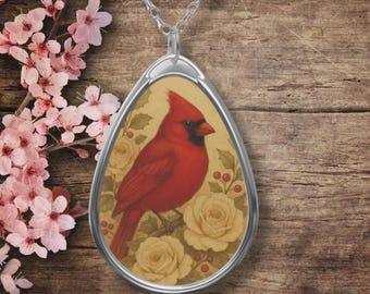 Red Cardinal Teardrop Necklace With Roses, Vintage Oval Pendant, Cardinal Memorial Jewelry, Sympathy Gift For Her