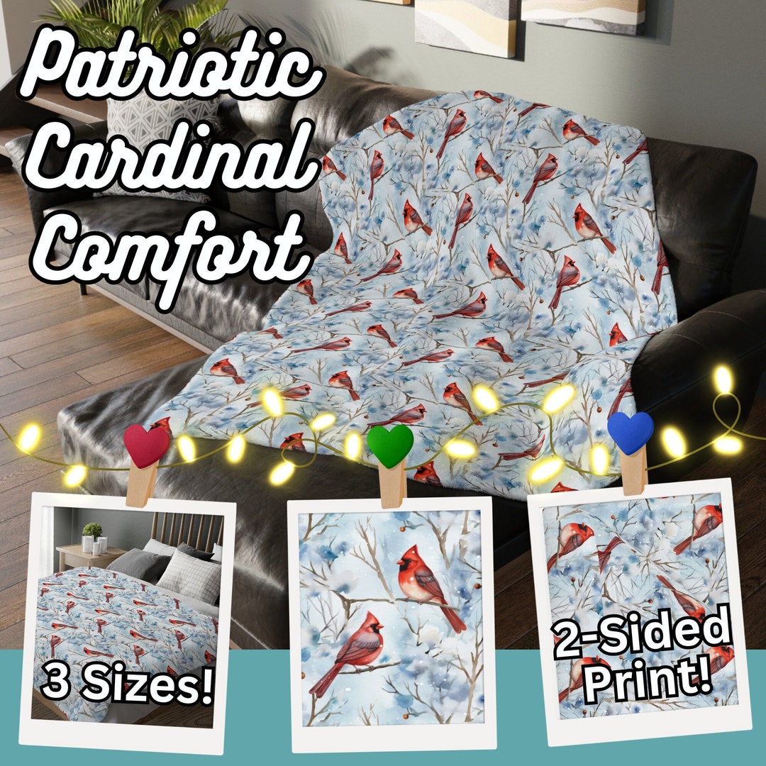 Cardinal Bird Blanket Red, White and Blue Velveteen Minky Blanket