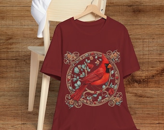 Red Cardinal Embroidered-Look T-Shirt: Bird Lover Gift