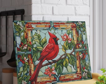 Red Cardinal Tempered Glass Cutting Board: Stained Glass Kitchen Decor | Christmas Hosting