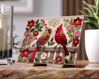 Red Cardinal Embroidered-Look Ceramic Tile Art Print  | Bird Lover Gift | Cardinal Decor Red Bird Print | Cardinal Pair Remembrance Gift